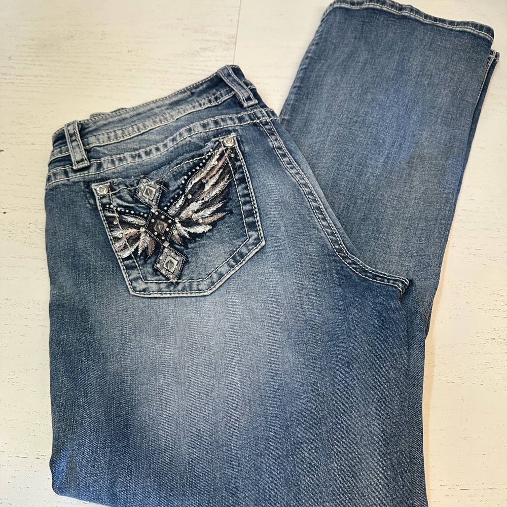 Miss Me Feather Pocket Jeans, Standard Boot Cut - Size 33